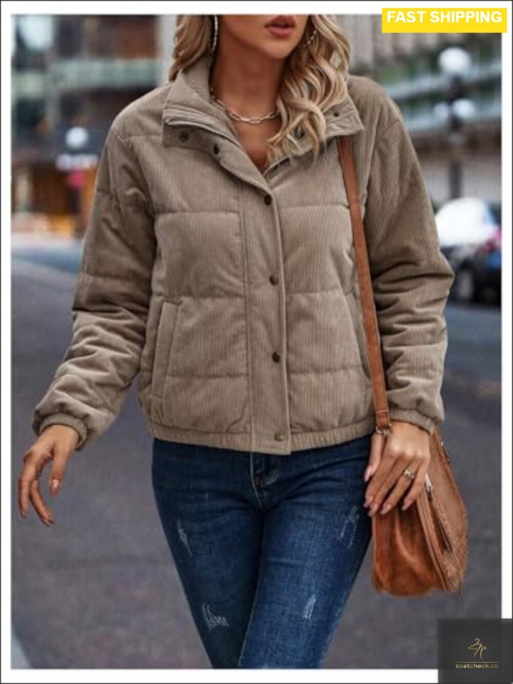 Womens Corduroy Quilted Puffer Jacket Zip Up Padded Bomber - Picture 5 of 5